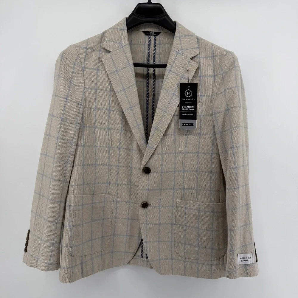 J.M. Haggar Sport Coat Mens 42S Tan Blue Windowpane Check Slim Fit Cotton Blazer